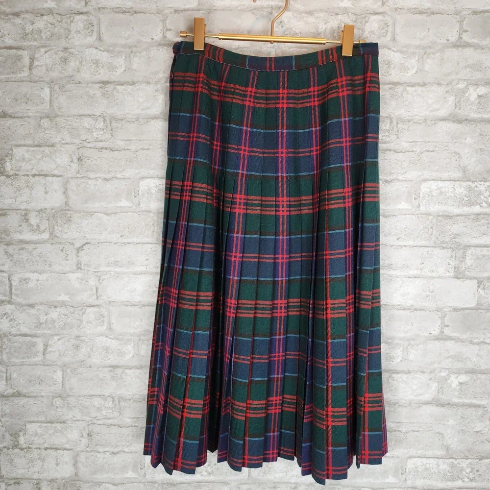 Aljean Skirt Vintage Plaid Pure Virgin Wool Pleated Kilt Midi Green Red 28W